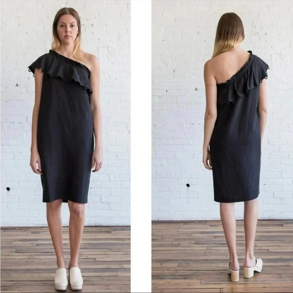 Apiece apart one shoulder tencel linen black mini dress - Picture 1 of 9